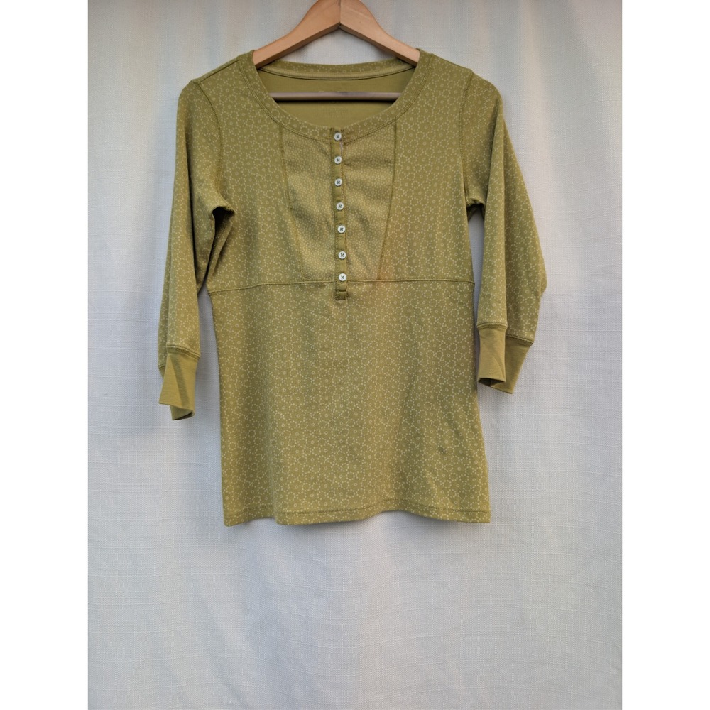 Eddie Bauer Women M Olive Green Floral Ribbed Henley 3/4 Sleeve Top 7213